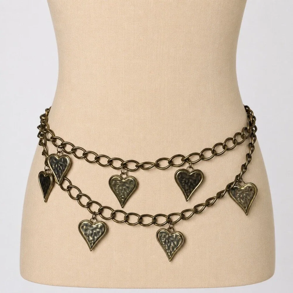 Vintage 1980s Heart Charm Layered Chain Belt Statement Gold Runway swag